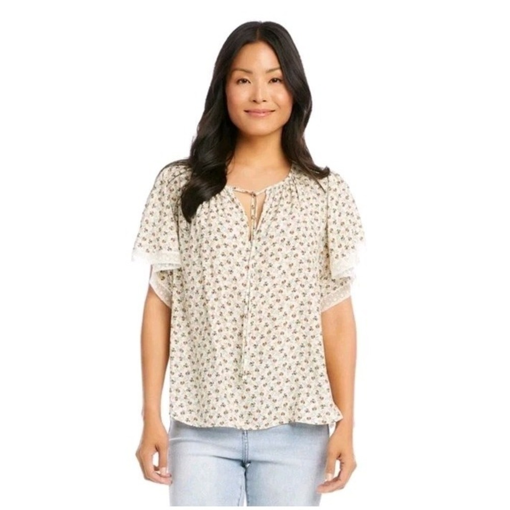 Karen Kane Countryside‎ Floral Flutter Sleeve Tie Neck Blouse Size Small